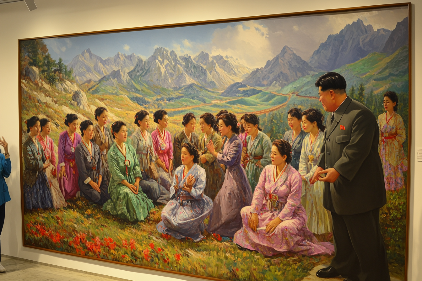 Large socialist realism painting, Korean women, bowing to Kim.