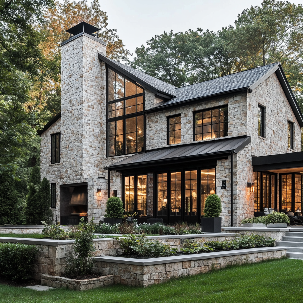 Large stone house with gradient stones, beautiful gardens.