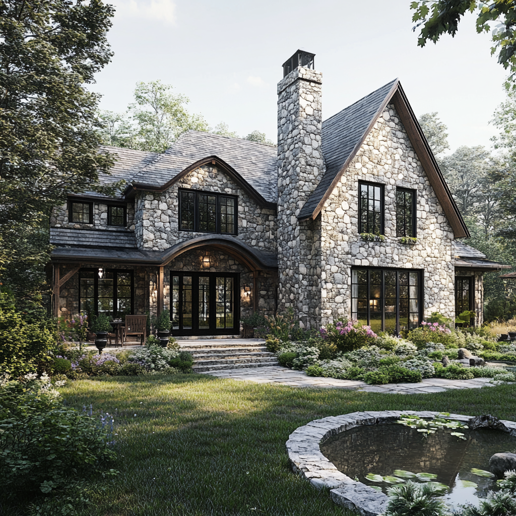 Large stone house with gradient stones, lush gardens, pond.