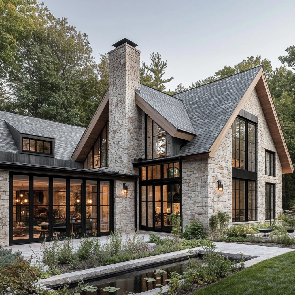 Large stone house with gradient stones, lush yard.