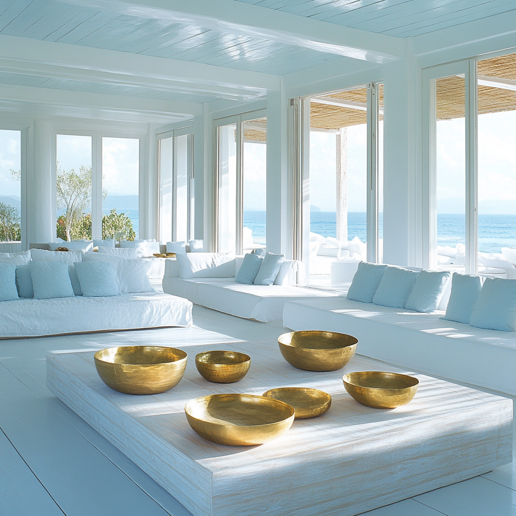 Large sun lit room with white furniture and blue accents.