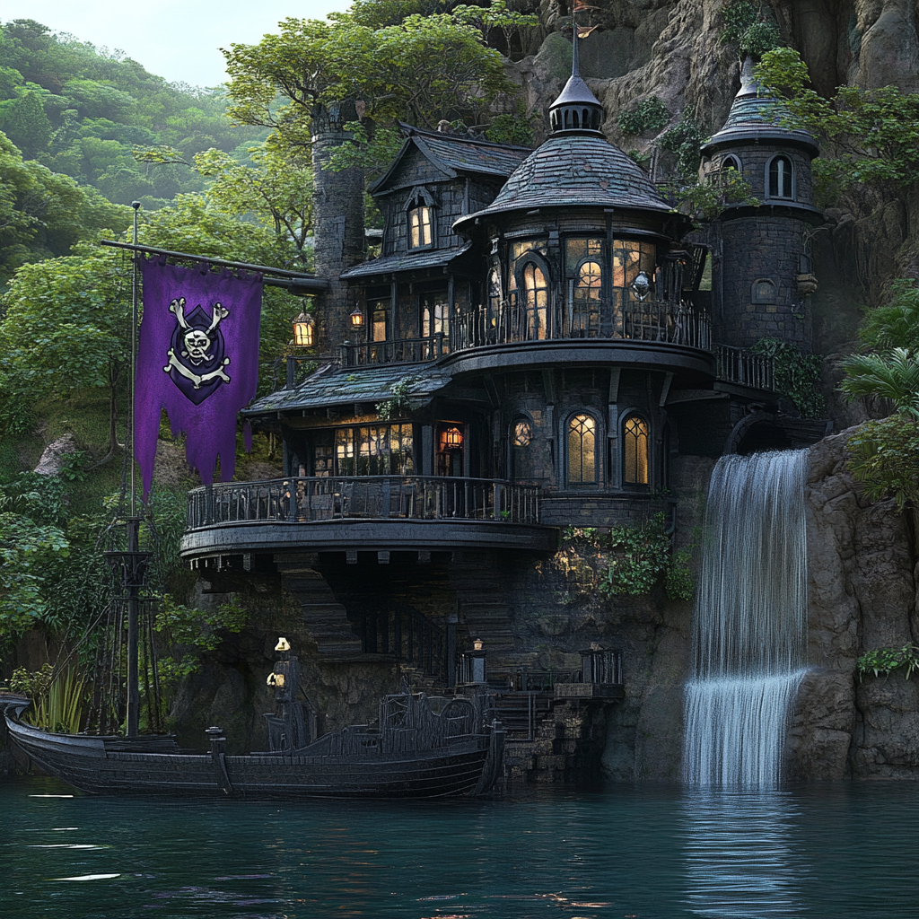 Large ultra HD hyperrealistic pirate house on water.