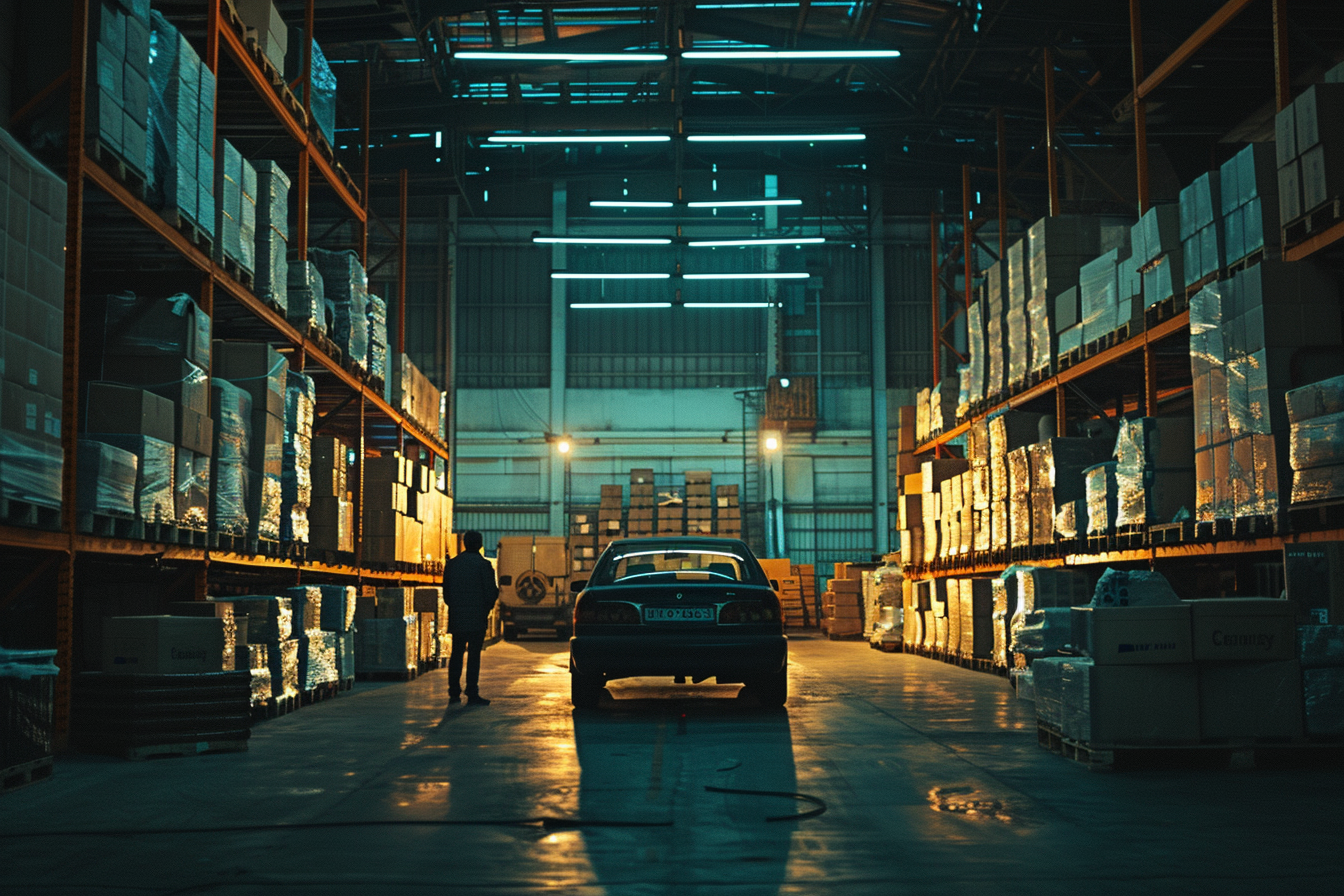 Large warehouse with boxes, car, person, night light.