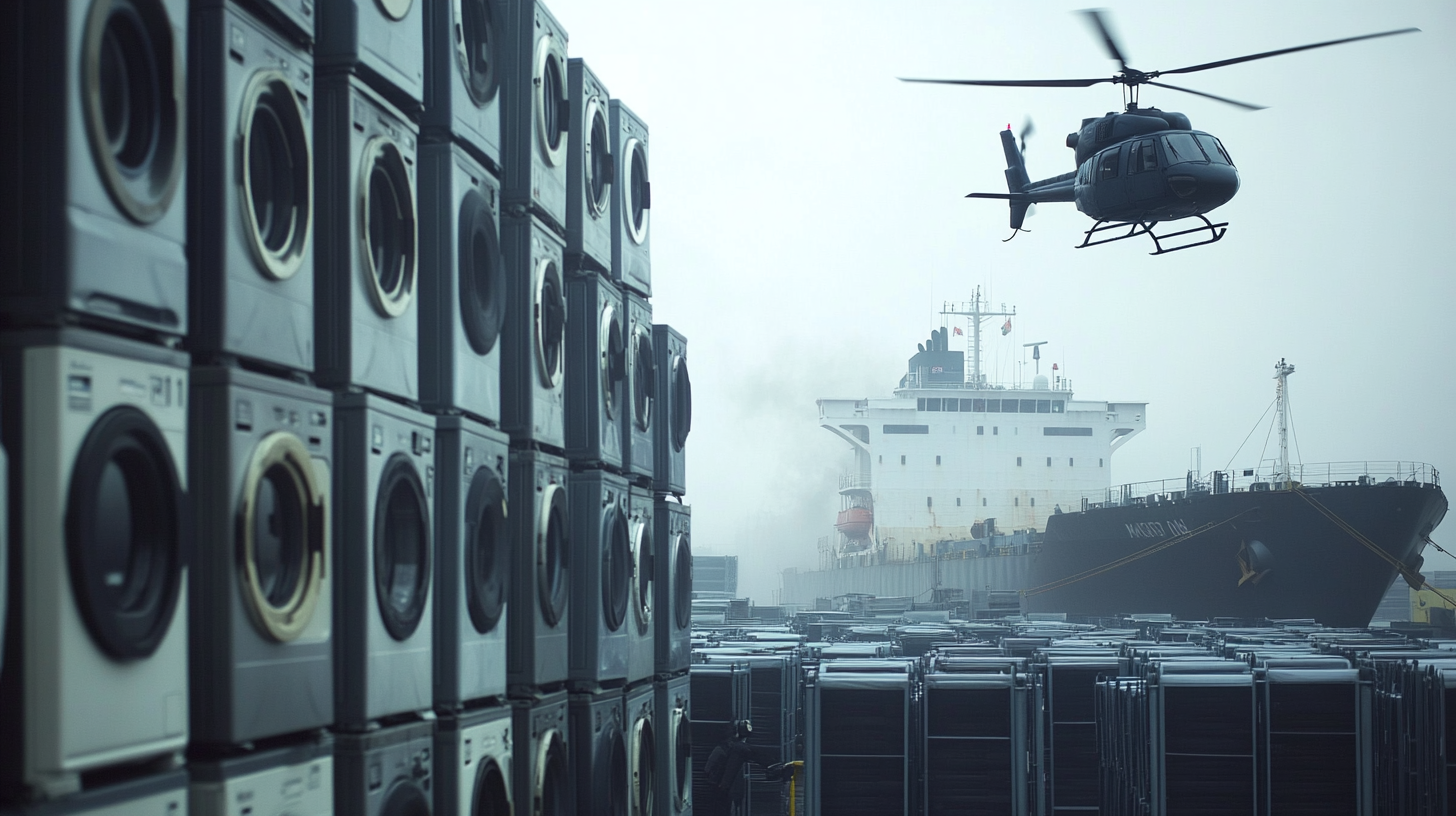 Large washing machines stacked at NY dock.