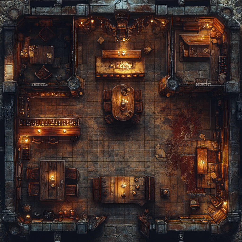 Large waterdeep tavern with stocked bar bottles, fireplace, cellar.