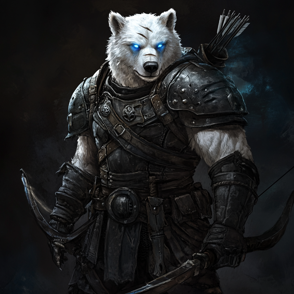 Large werebear in ranger armor with bow, sword, shield