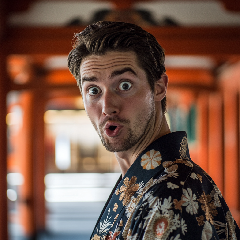 Late groom in kimono looks surprised at camera.