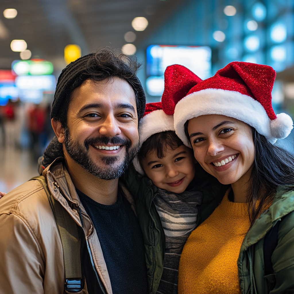 Latin American Family in Christmas Hats at AirportVacation