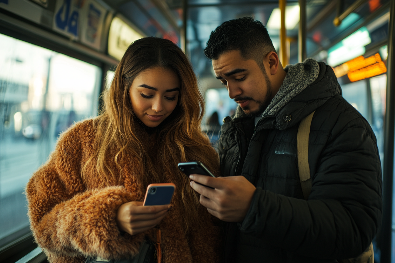 Latin American couple, 25, in metrobus, using smartphone