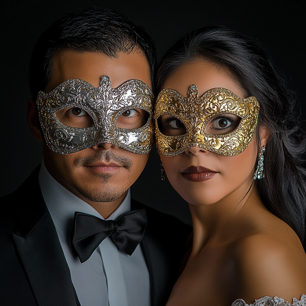 Latin man and woman wearing gold and silver masks.