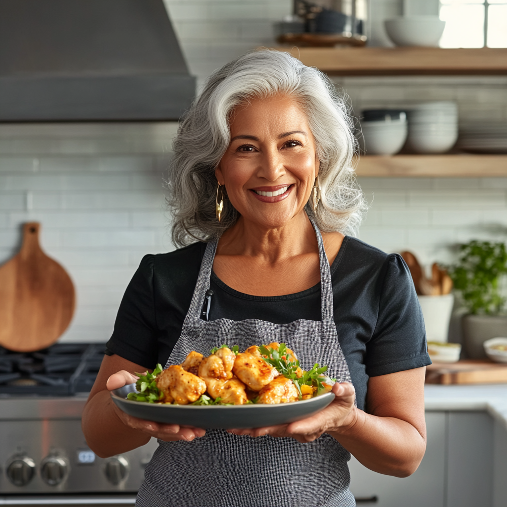 Latin woman showcasing tasty Chicken Escafe dish in kitchen.