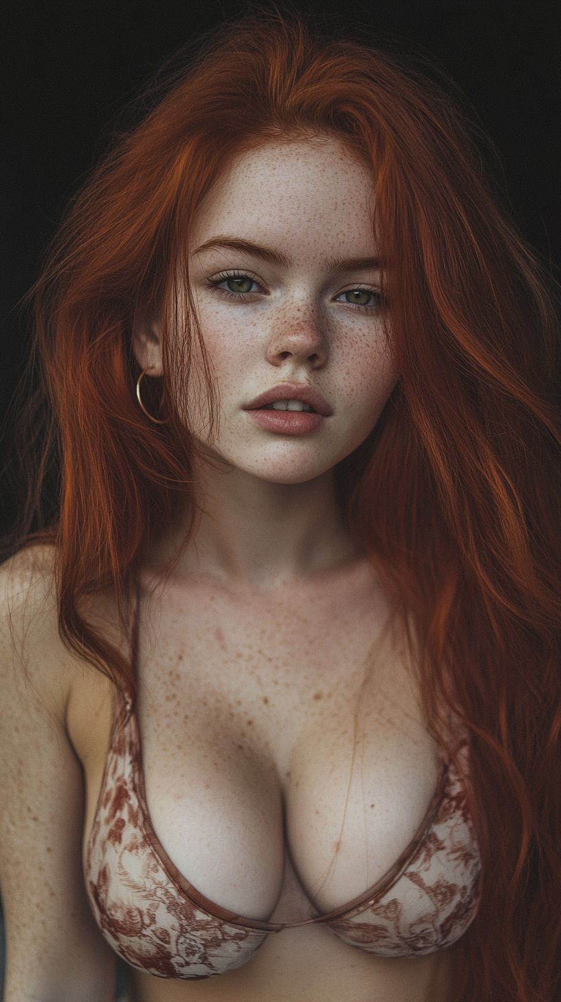 Latin woman with red hair, freckles, and hoop earrings.