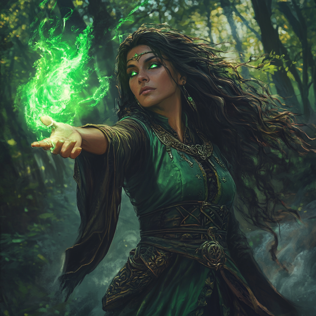 Latina Druid Woman Casting Green Magic Spell Outdoors