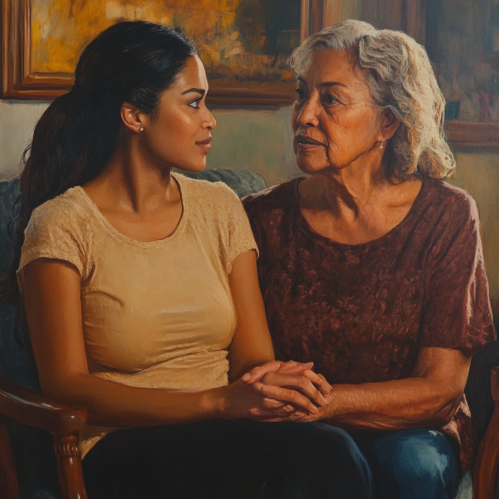 Latina Woman Speaking with Mother in Warm Setting