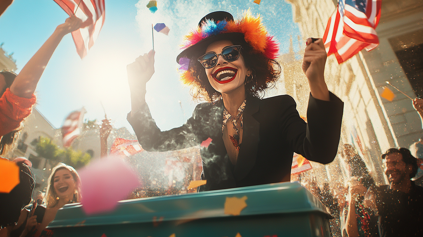 Latina lady clown magician performs magic at court hall