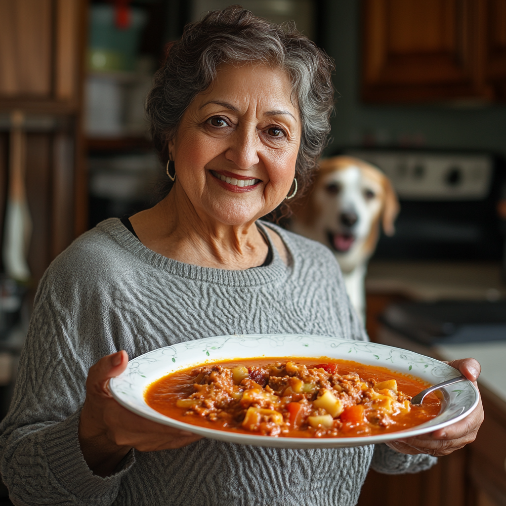 Latina woman holding plate of lasagna soup in kitchen