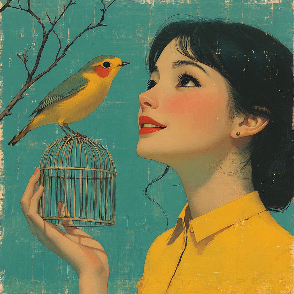 Latina woman holds cage, bird breaking out, minimalist art.