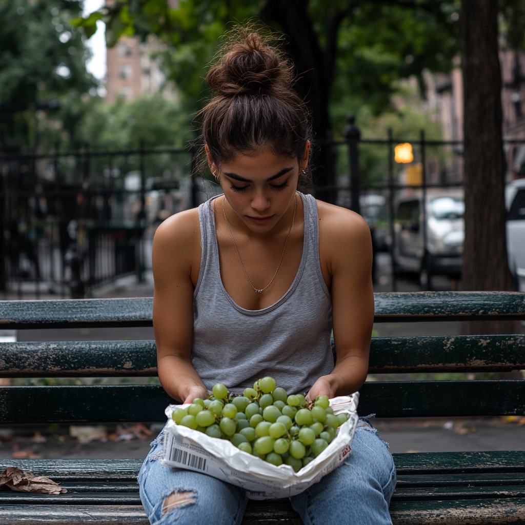 Latina woman in bun hairstyle with grapes on bench.