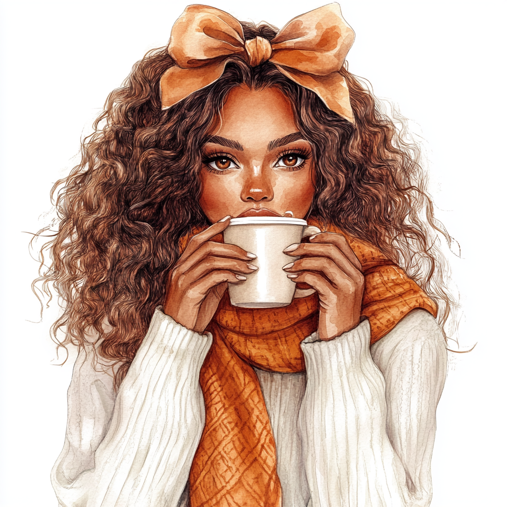 Latina woman in white sweater drinking pumpkin latte.