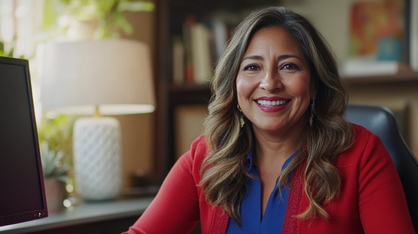 Latina woman smiling at computer in virtual meeting.