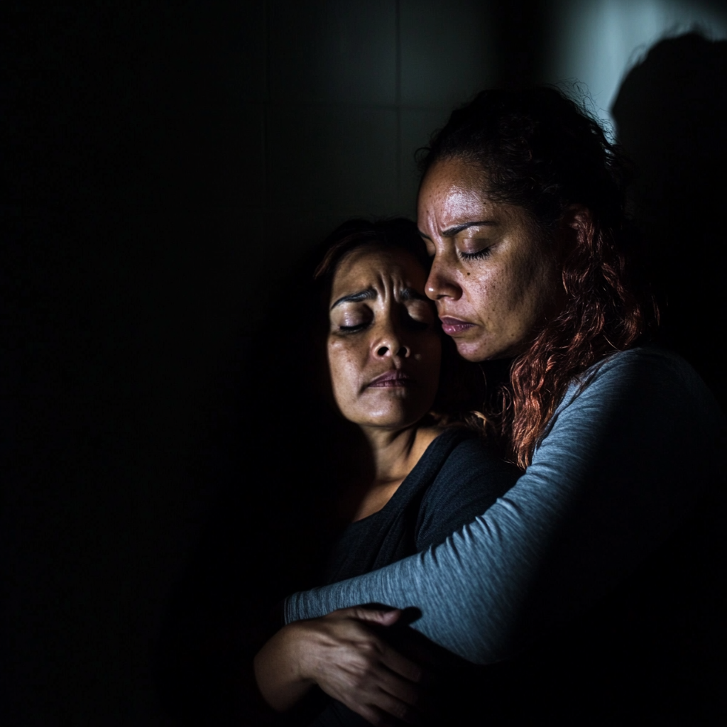 Latina women hug, one feeling threatened by shadow