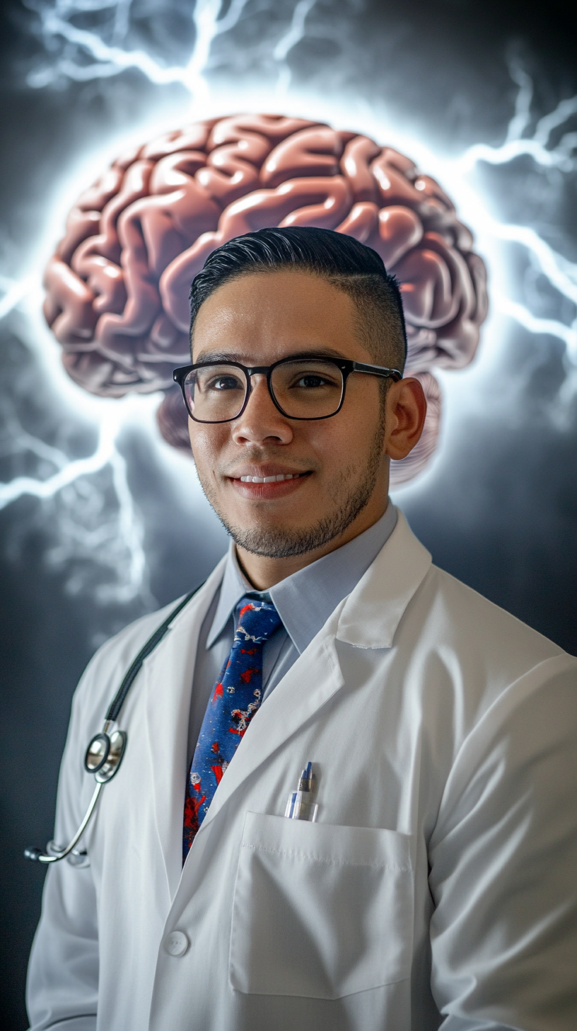 Latino doctor with brain and lightning background