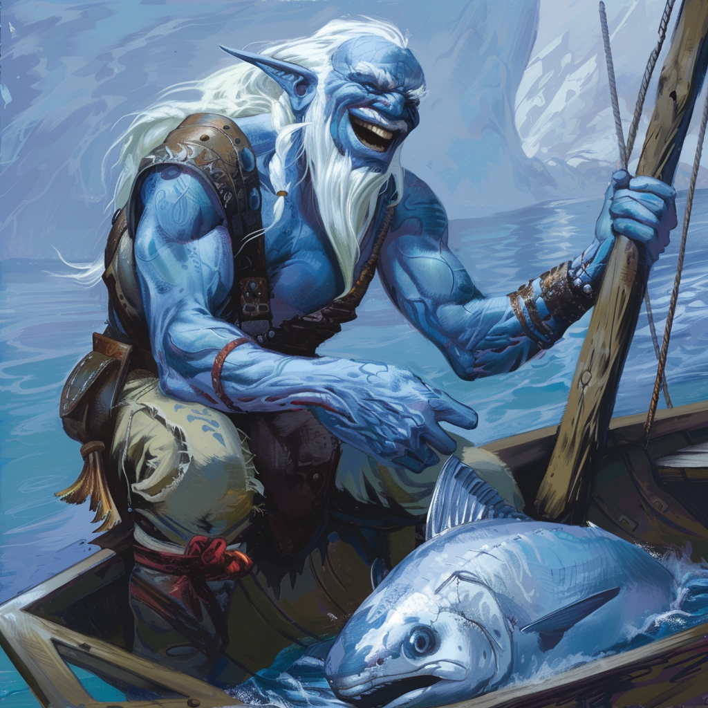 Laughing Air Genasi Fisherman on Small Boat