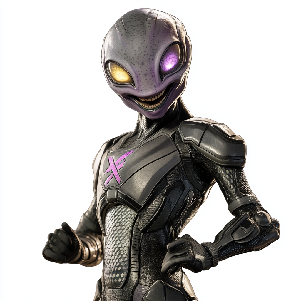 Laughing alien in purple armor with X symbol.