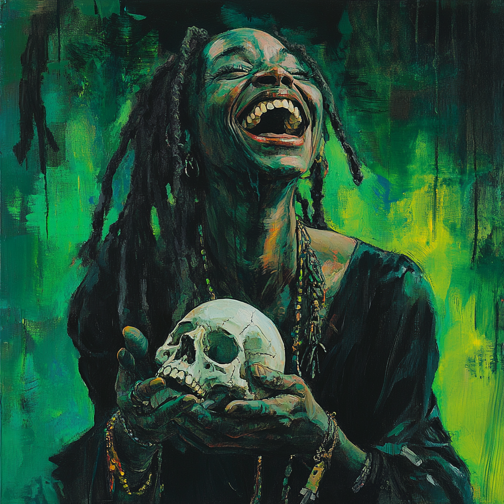 Laughing black voodoo witch in torn dress with skull.