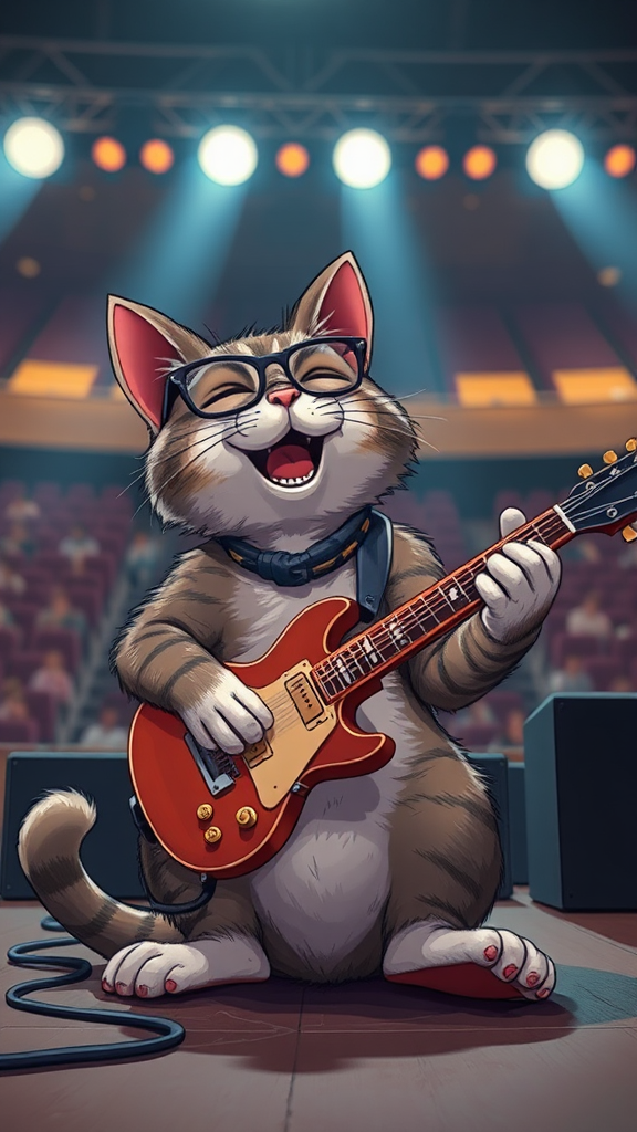 Laughing cat in glasses plays guitar at concert.