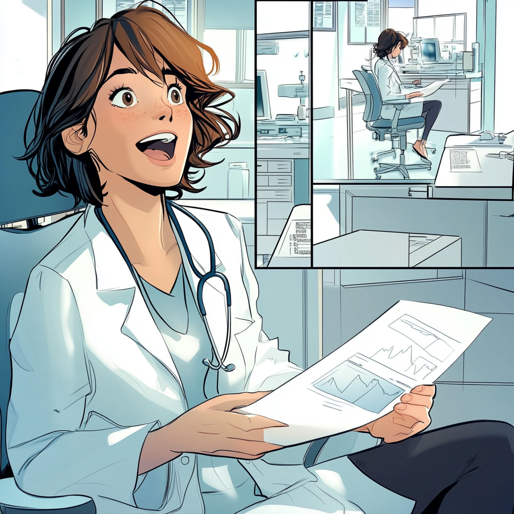 Laughing female doctor in office reading surprising lab results.