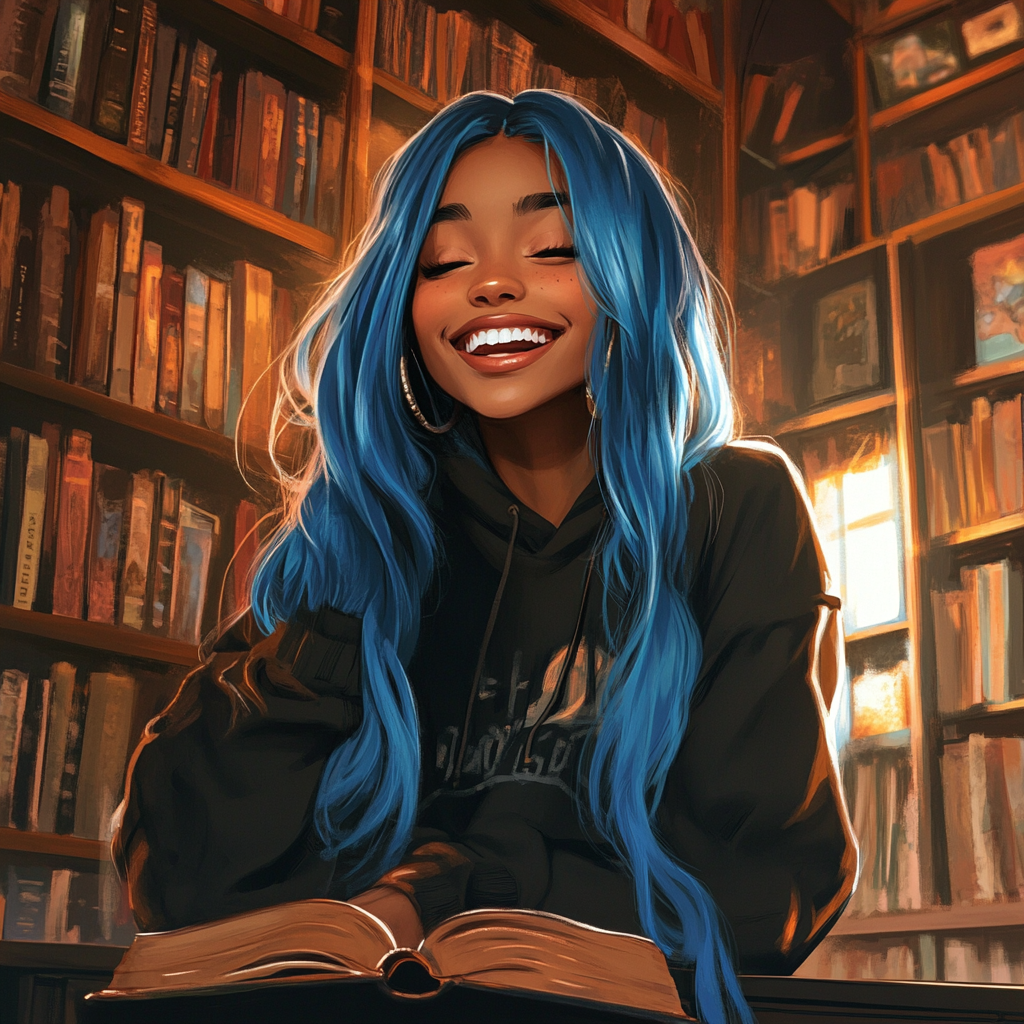 Laughing girl with blue hair in cozy library.