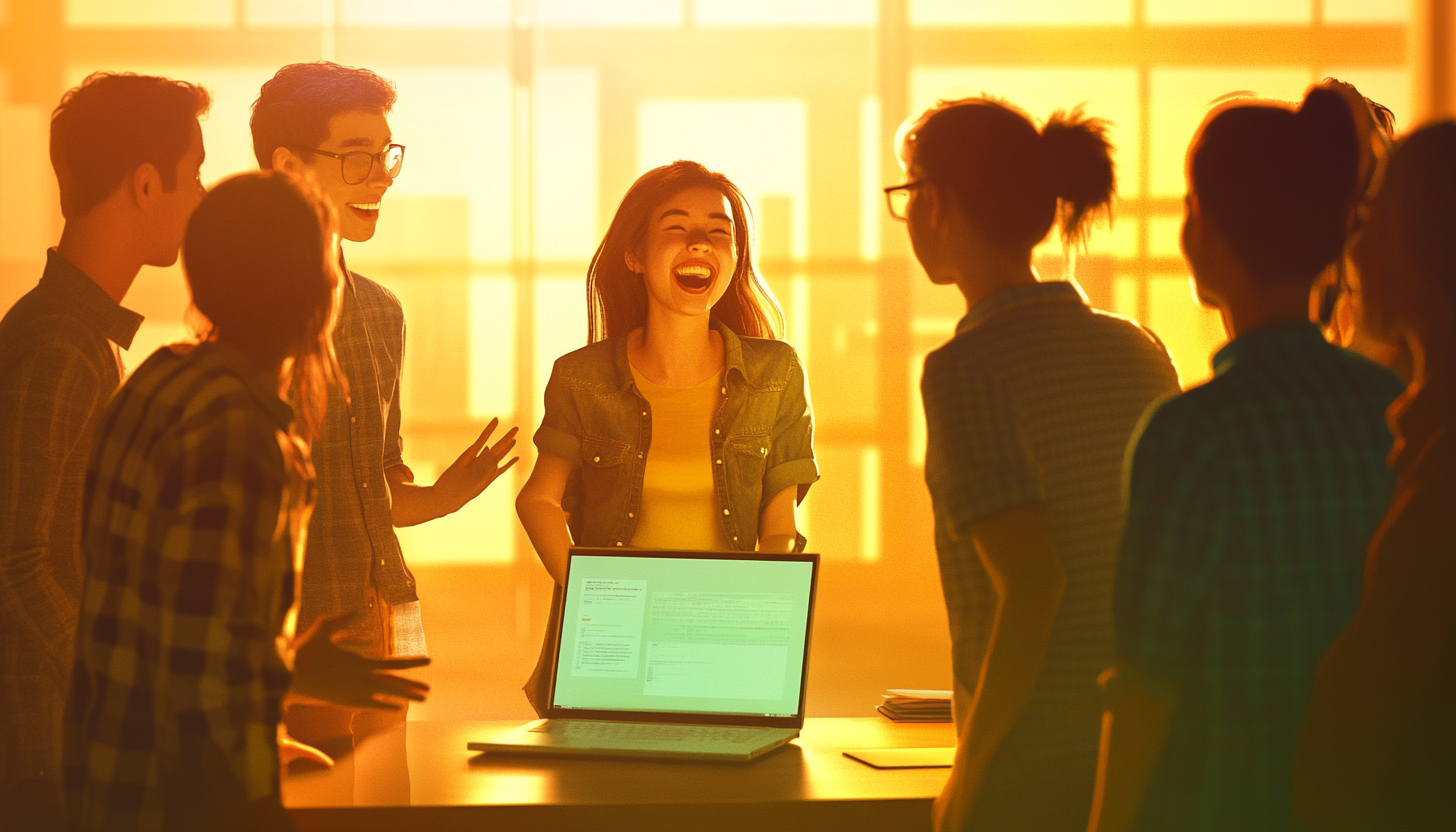 Laughing office workers surround woman with laptop in modern office