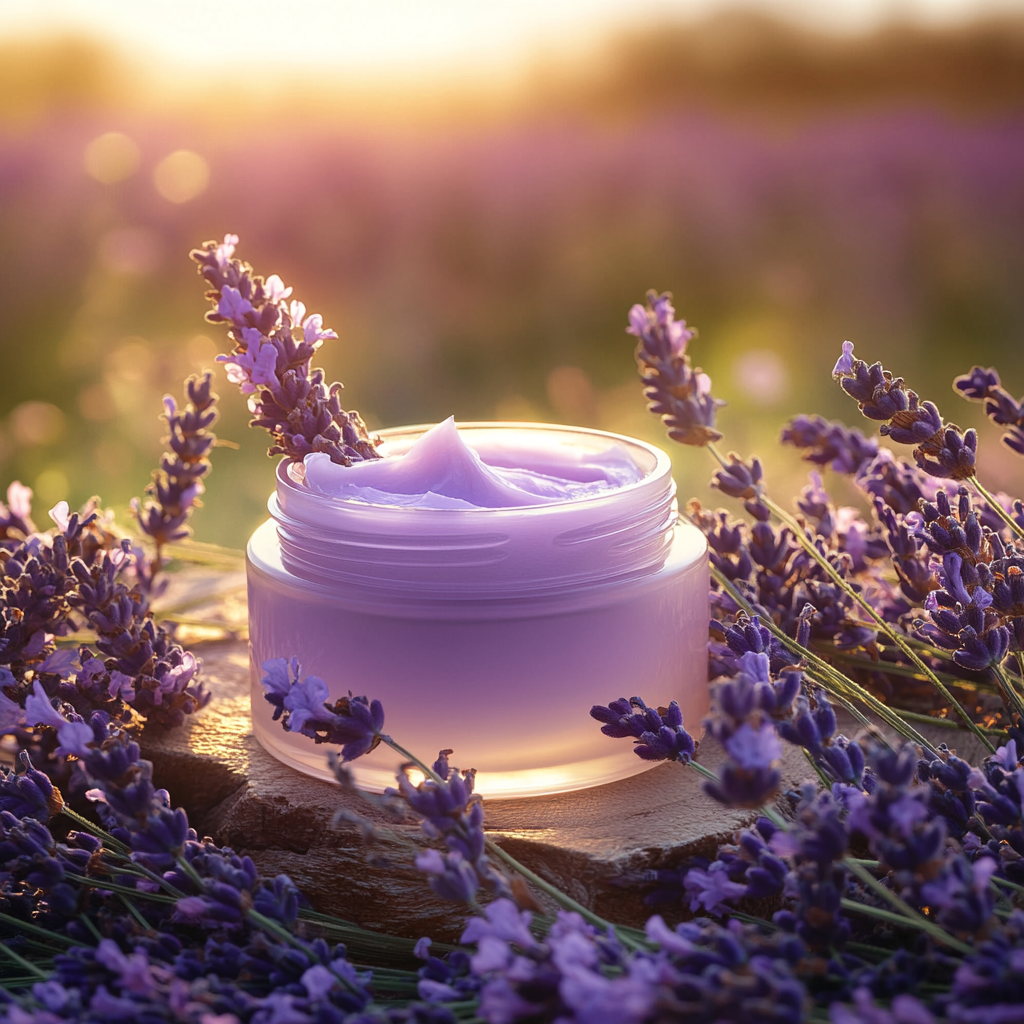 Lavender cream in glass jar with fresh sprigs