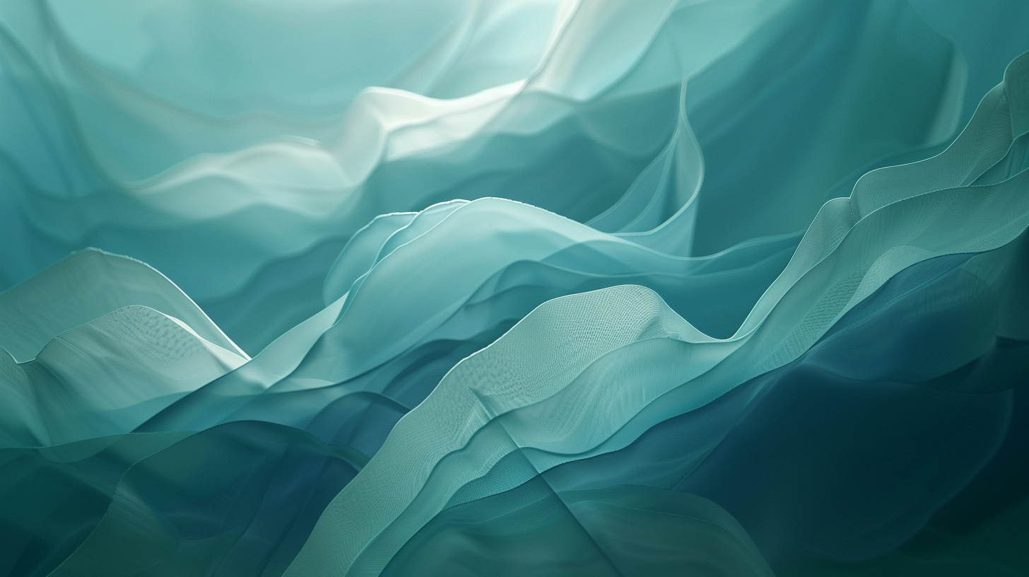 Layered abstract shapes in translucent blues and teal tones.