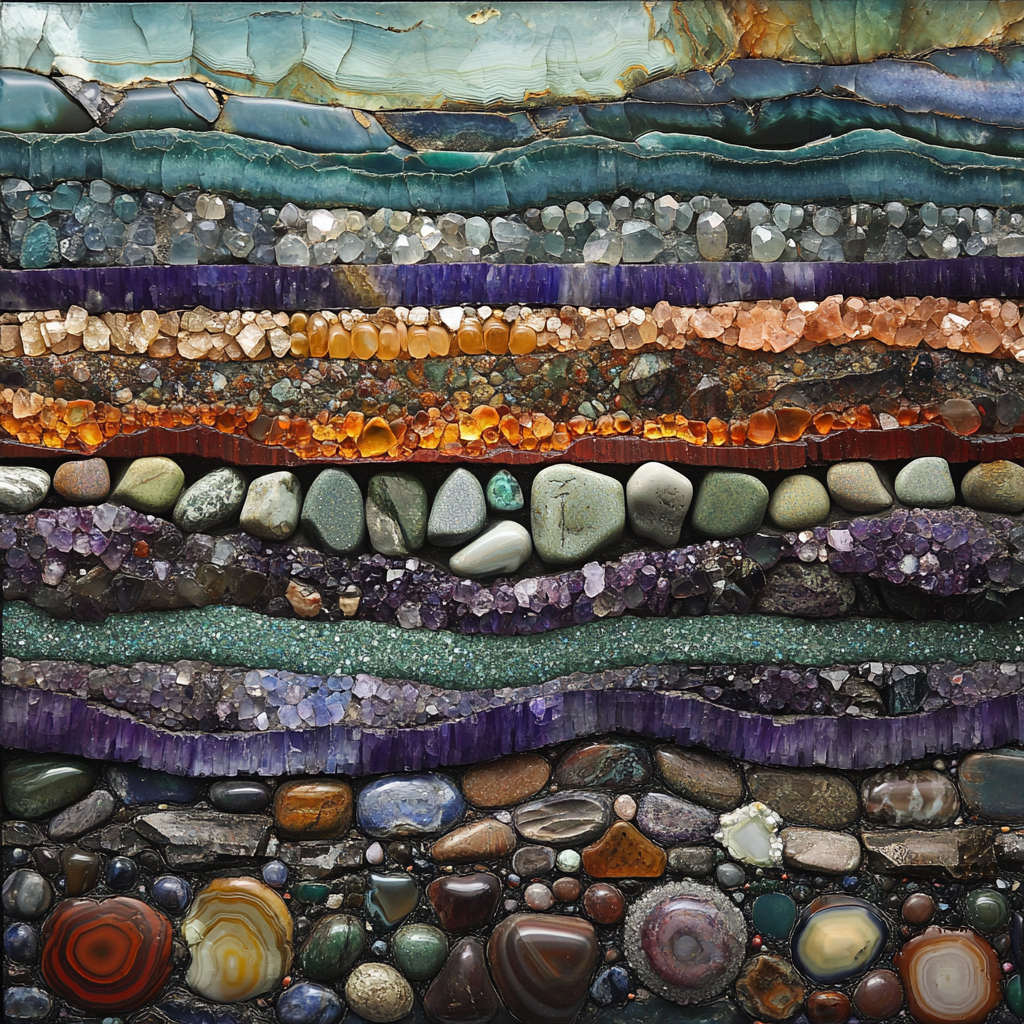 Layers of colorful gems on tall shining wall