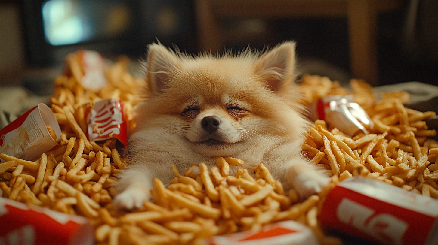 Lazy Pomeranian surrounded by McDonald's fries in cozy room.