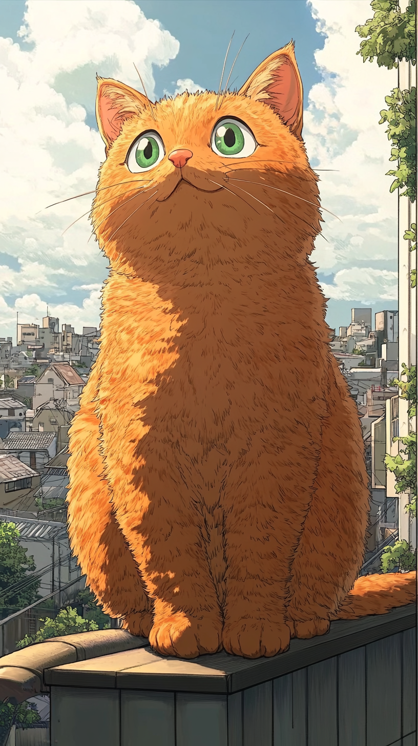 Lazy Style Japanese Animation with Orange Cat in City 