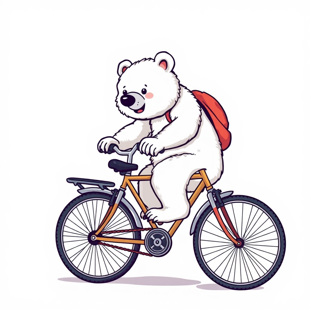 Lazy white bear rides bike with 4 colors.