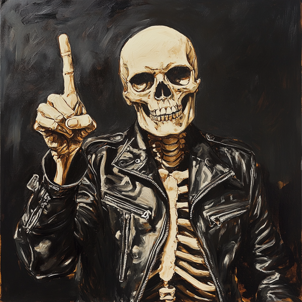 Leather-clad skeleton rebels with defiant backward gesture.