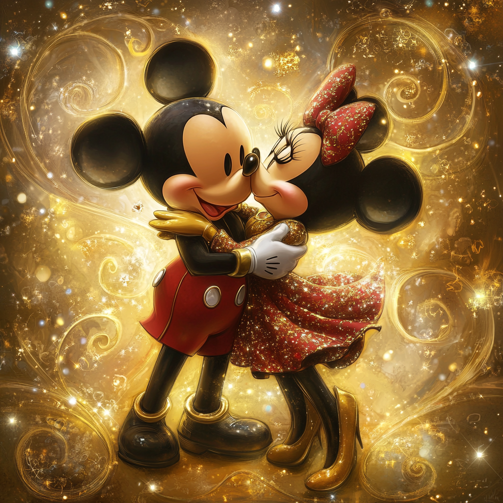 Legendary card with Mickey and Minnie embracing romantically.