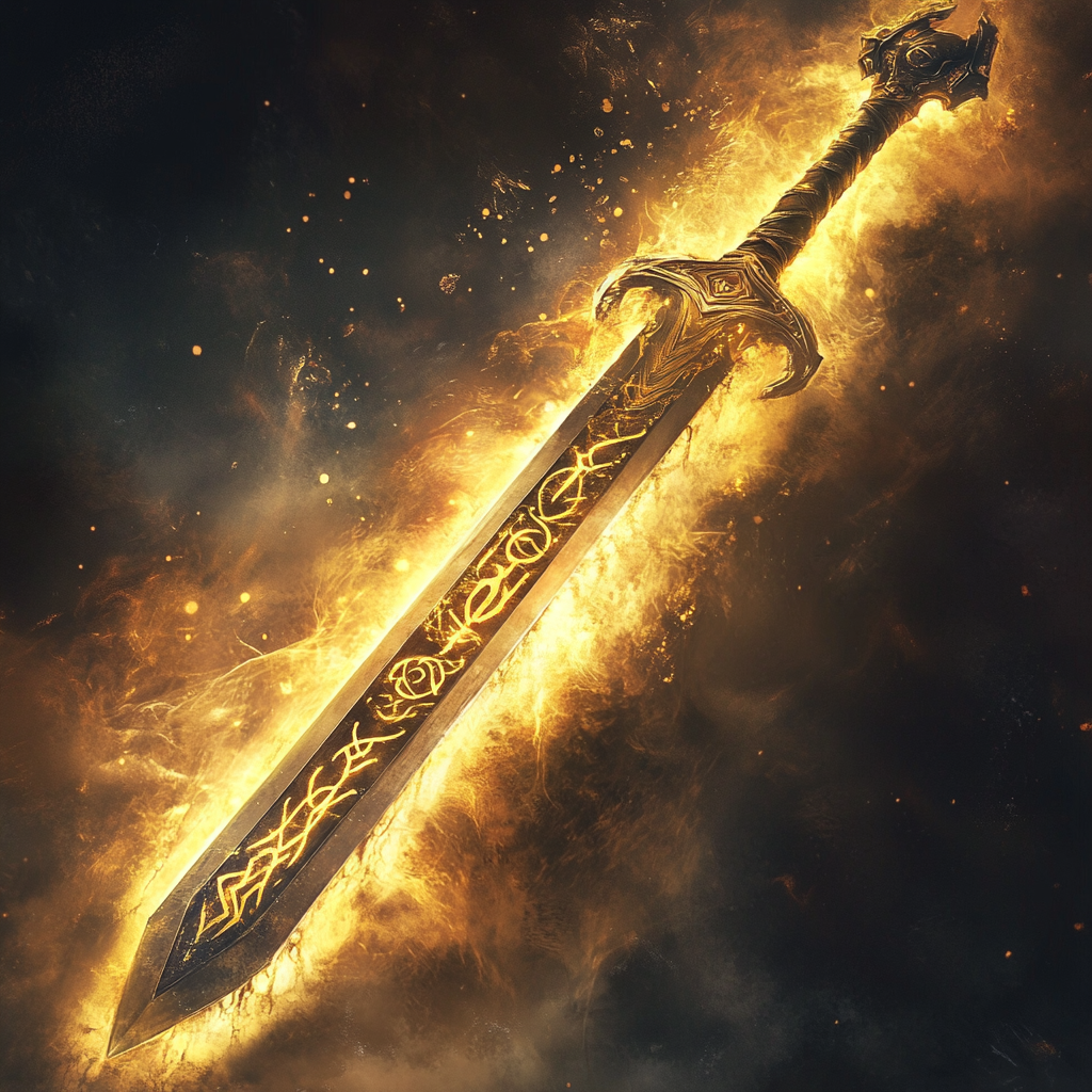 Legendary magical golden sword with golden runes and mist.