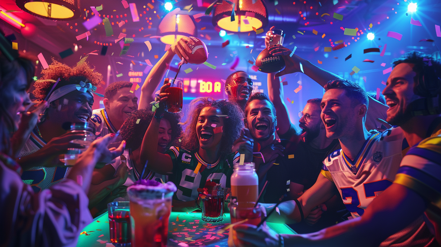 Legendary nightclub scene with NFL players, gymnasts, politicians celebrating. Neon lights, confetti, victory poses, drinks raised.