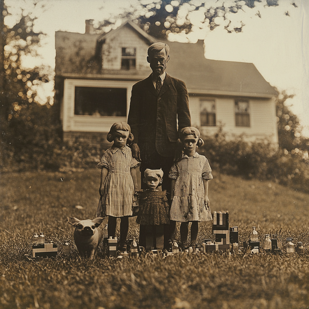 Lego family with glass soda bottles on lawn artwork.