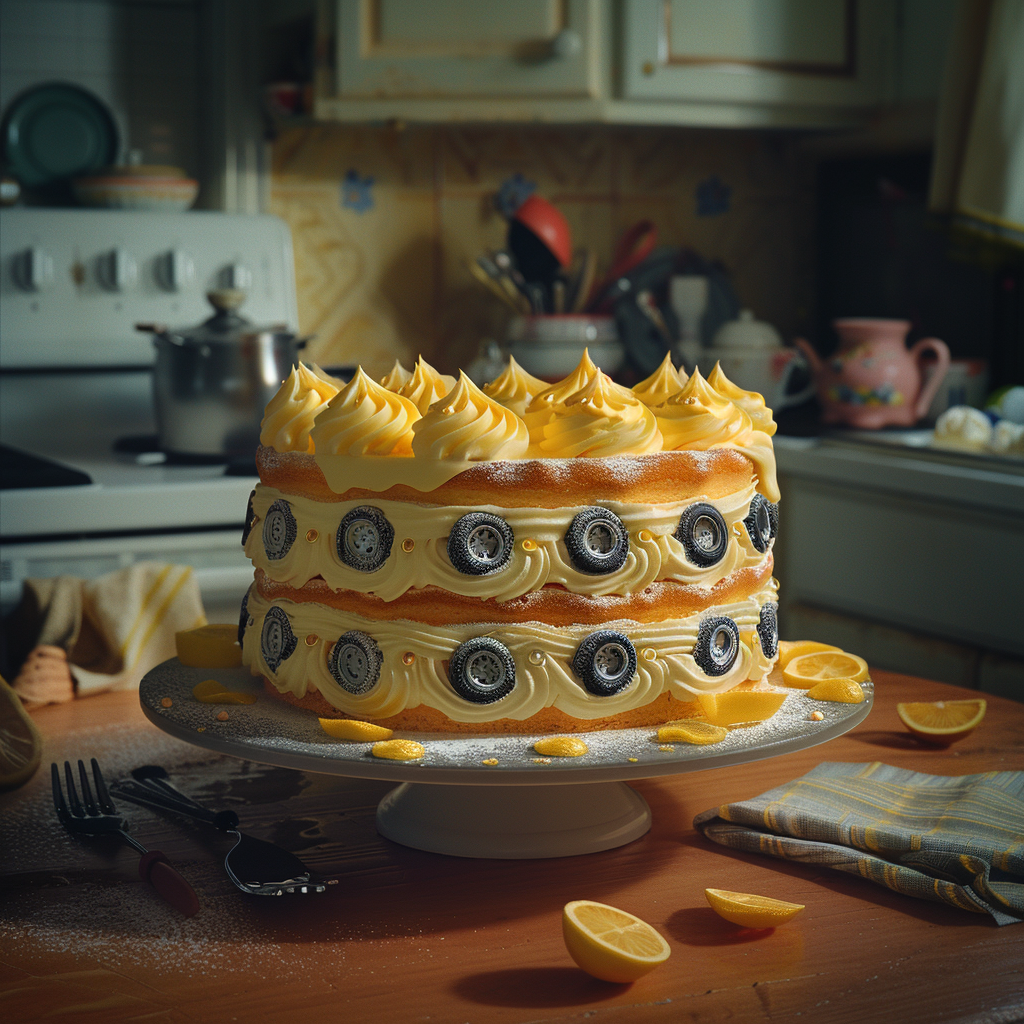 Lemon cake on table with tiny car tire toppings.