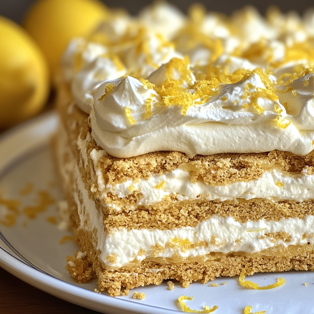 Lemon icebox cake with creamy filling and graham crackers