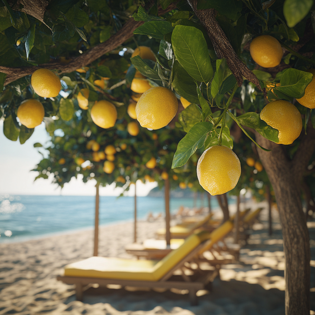 Lemons shading sun loungers at beautiful Italian beach.