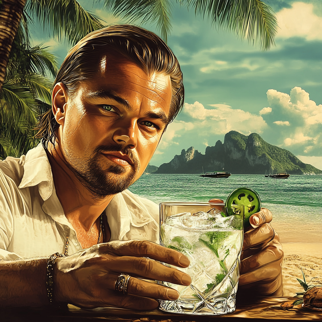 Leonardo Dicaprio drinks margarita with jalapeno garnish beach retro.