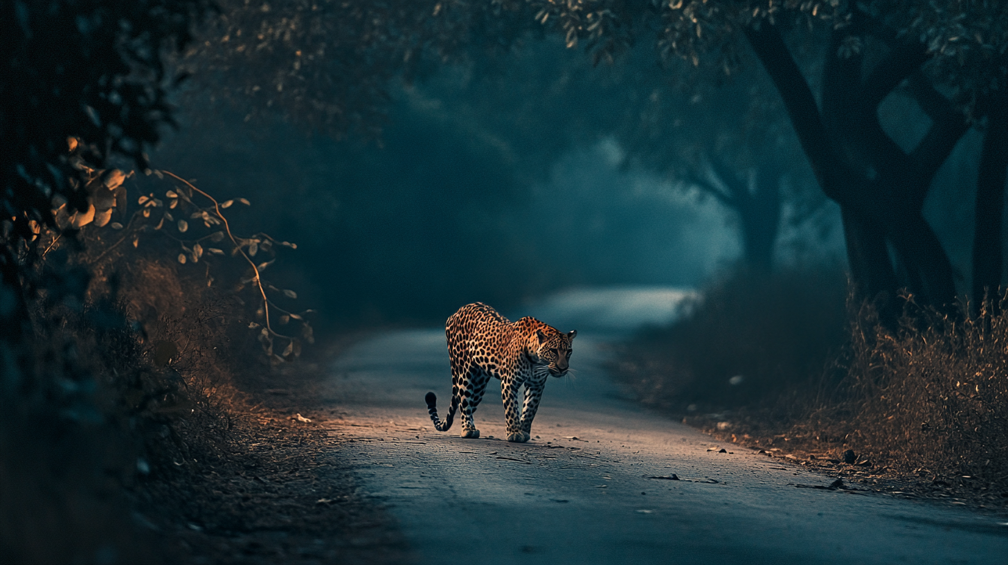 Leopard quietly follows human in dark, Indian scenery.