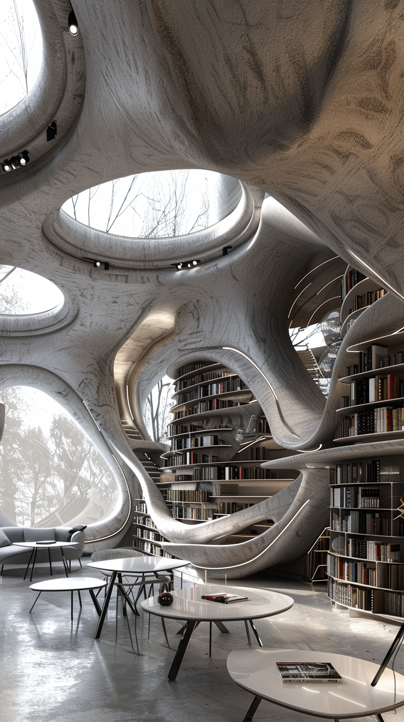 Library with futuristic and fantasy design, hyper realistic form.